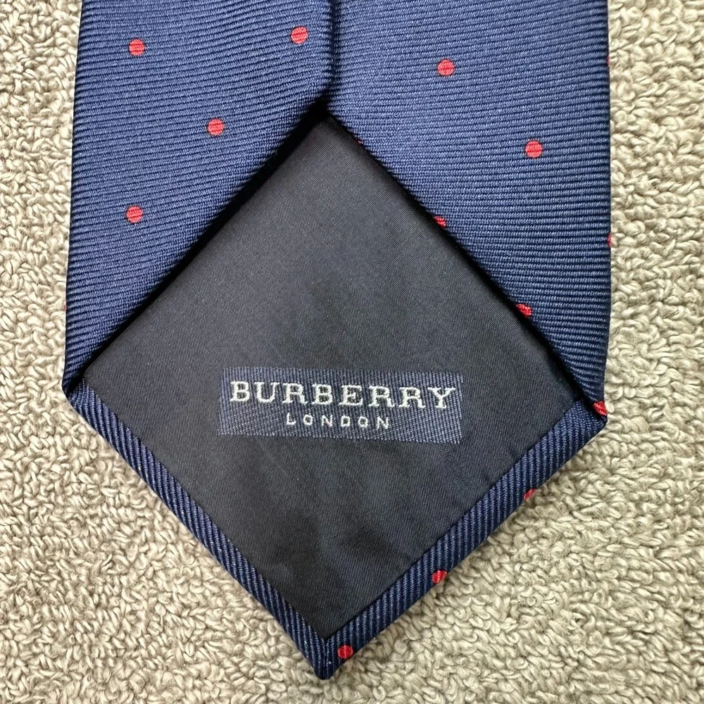 Burberry London Mens Silk Tie Navy Blue Red Polka Dot Made in Italy Business
